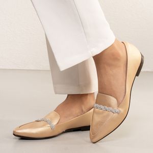 Sapato Feminino Mocassim Shine Bico Fino Fivela Kult Dourado