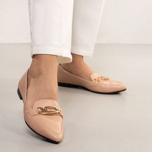 Sapato Feminino Mocassim Bico Fino Fivela Kult Bege
