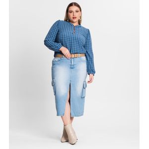Blusa Plus Size Em Air Flow Xadrez Secret Glam Feminina Azul