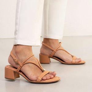 Sandália Feminina Salto Bloco Detalhes Bebece Bege