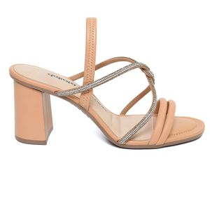 Sandália Salto Bloco Dakota Strass Feminina Bege