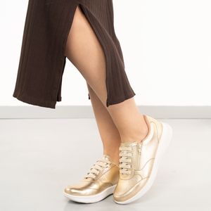 Tênis Usaflex Casual Dourado Couro Zíper Lateral