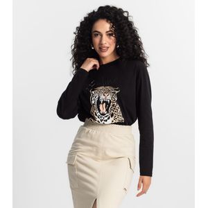 Blusa Manga Longa Rovitex Estampa Onça Feminina Preto