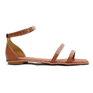 Sandália Rasteira Flats Fio de Ouro Feminino Marrom
