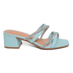 Tamanco Ramarim Tiras Strass Salto Bloco Feminino Azul Claro