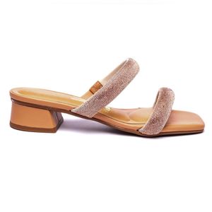 Tamanco Vizzano Salto Baixo Tiras Strass Feminino Bege