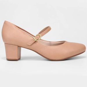 Scarpin Beira Rio Boneca Fivela Salto Bloco Feminino Bege