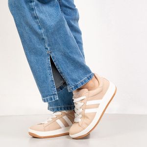 Tênis Feminino Casual Listras Quiz Bege Branco