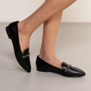 Sapato Feminino Mocassim Shine Bico Fino Fivela Kult Preto